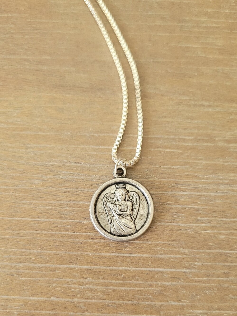 Silver Tone Gardian Angel Medallion Pendant Necklace